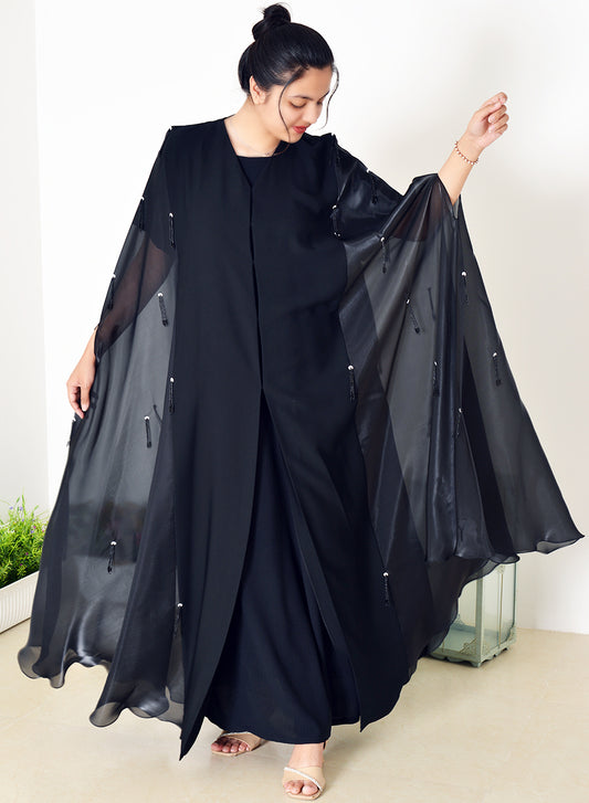 Black Organza Abaya with Kaftan Style and Tussle Embellishments | Bsi3953