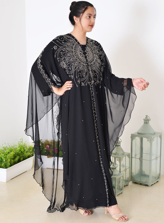 Kaftan Style Beads and Stone Embellished Chiffon Abaya with Lining | Bsi3955