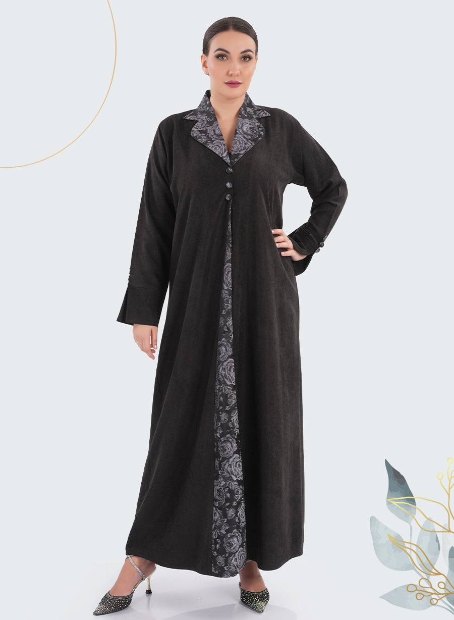 Modern Floral Print Coat-Collar Black Abaya with Button Embellishments| Bsi4182