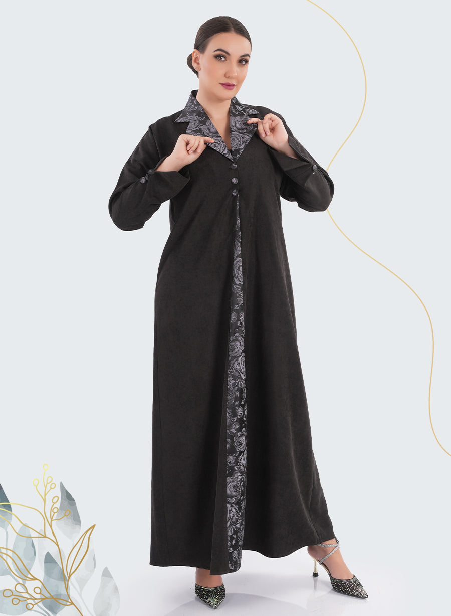 Modern Floral Print Coat-Collar Black Abaya with Button Embellishments| Bsi4182
