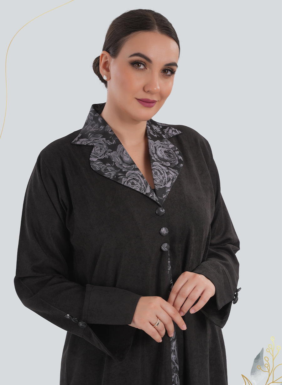Modern Floral Print Coat-Collar Black Abaya with Button Embellishments| Bsi4182