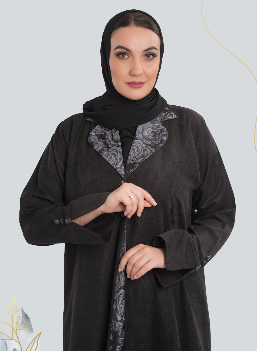 Modern Floral Print Coat-Collar Black Abaya with Button Embellishments| Bsi4182