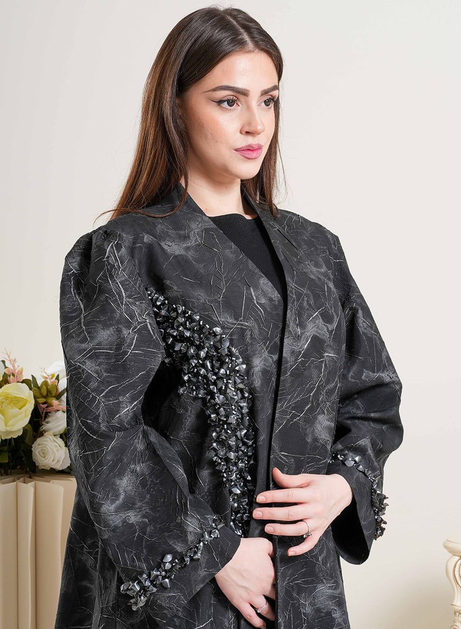 Luxury Self-Embossed Print Bisht Abaya with Tassels and Silver Highlight | Bsi4212