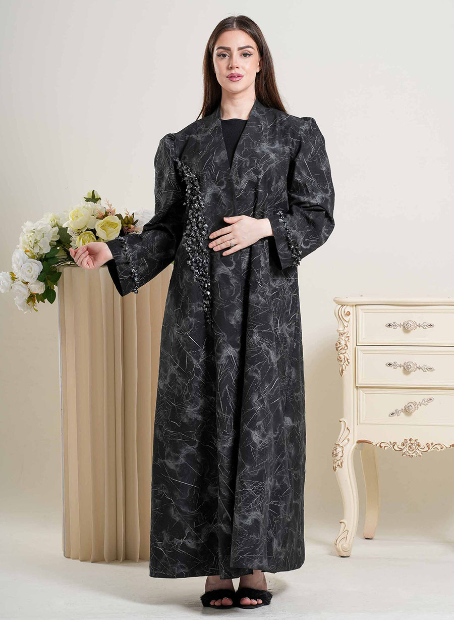 Luxury Self-Embossed Print Bisht Abaya with Tassels and Silver Highlight | Bsi4212