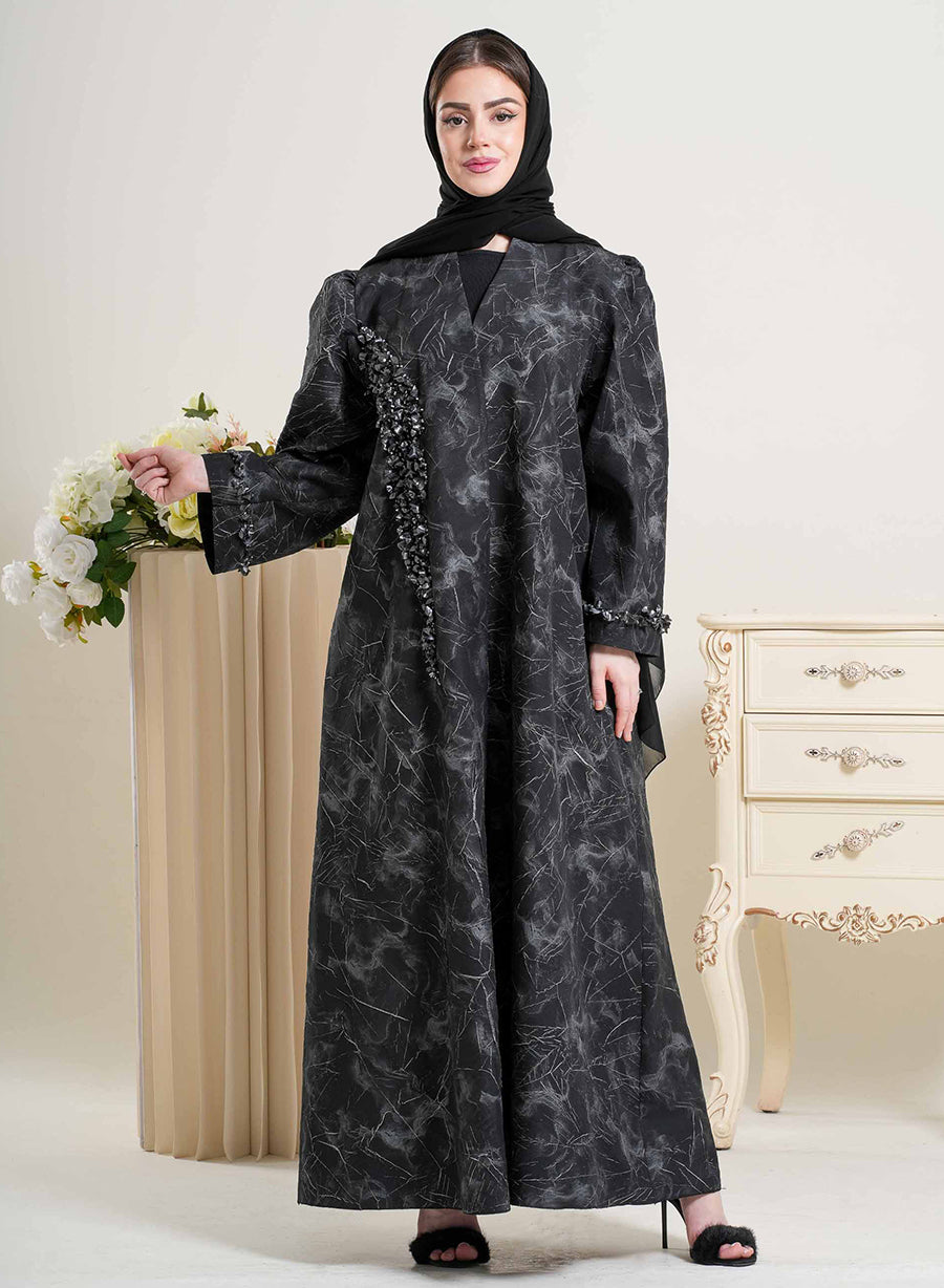 Luxury Self-Embossed Print Bisht Abaya with Tassels and Silver Highlight | Bsi4212