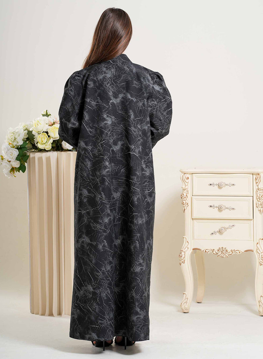 Luxury Self-Embossed Print Bisht Abaya with Tassels and Silver Highlight | Bsi4212