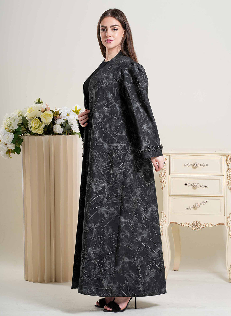 Luxury Self-Embossed Print Bisht Abaya with Tassels and Silver Highlight | Bsi4212