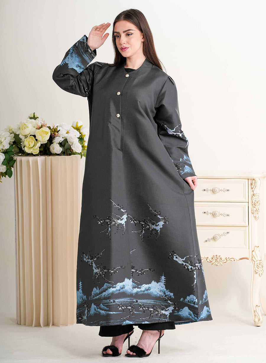 Round Neck Self-Printed Bisht Abaya with Button Embellishments | Bsi4230