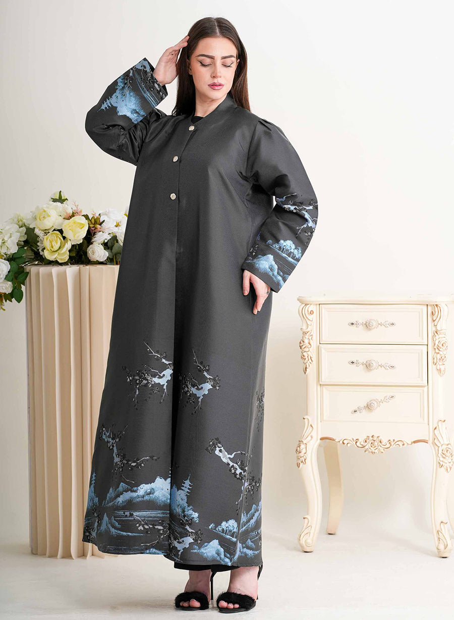 Round Neck Self-Printed Bisht Abaya with Button Embellishments | Bsi4230