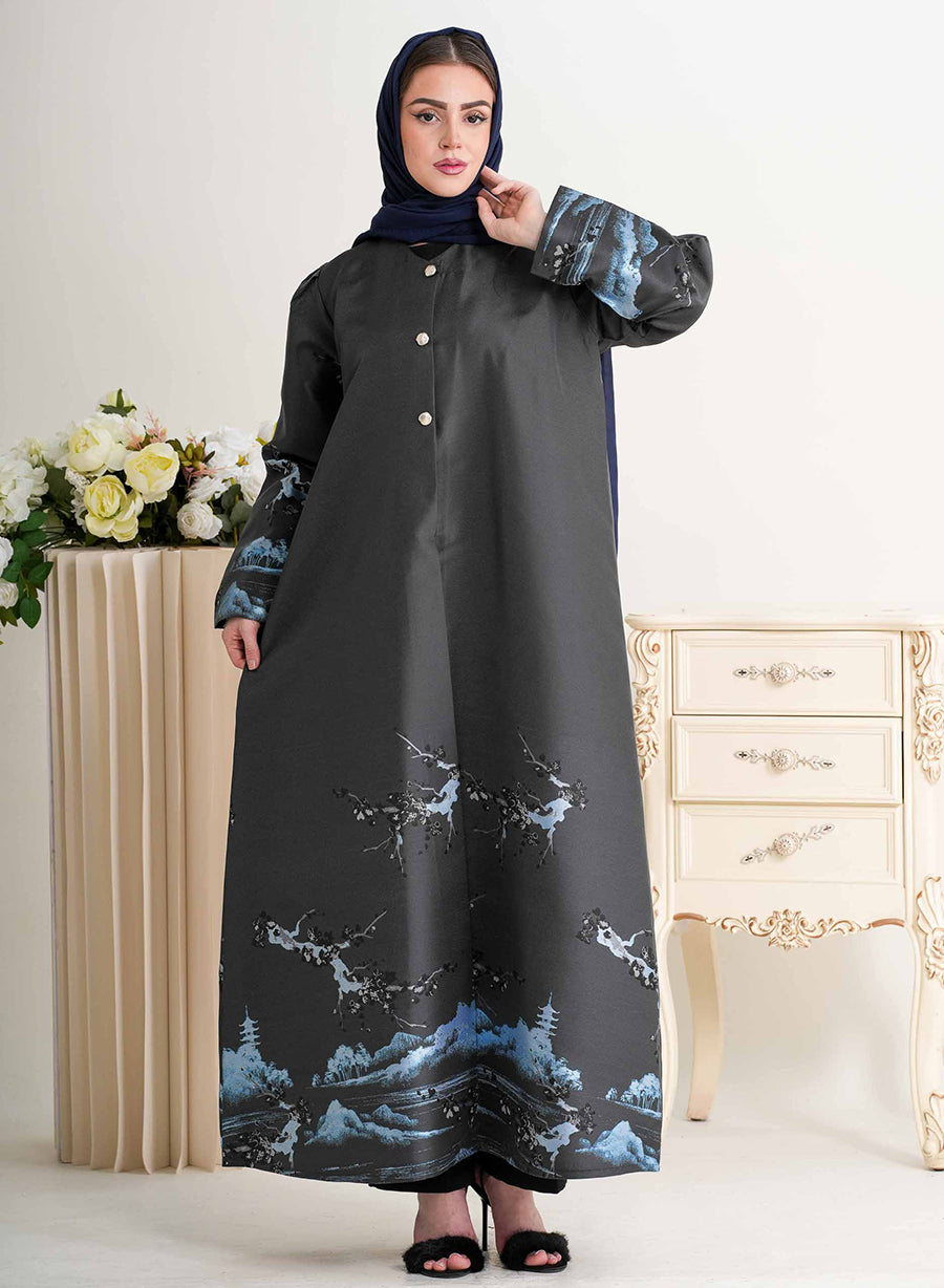 Round Neck Self-Printed Bisht Abaya with Button Embellishments | Bsi4230