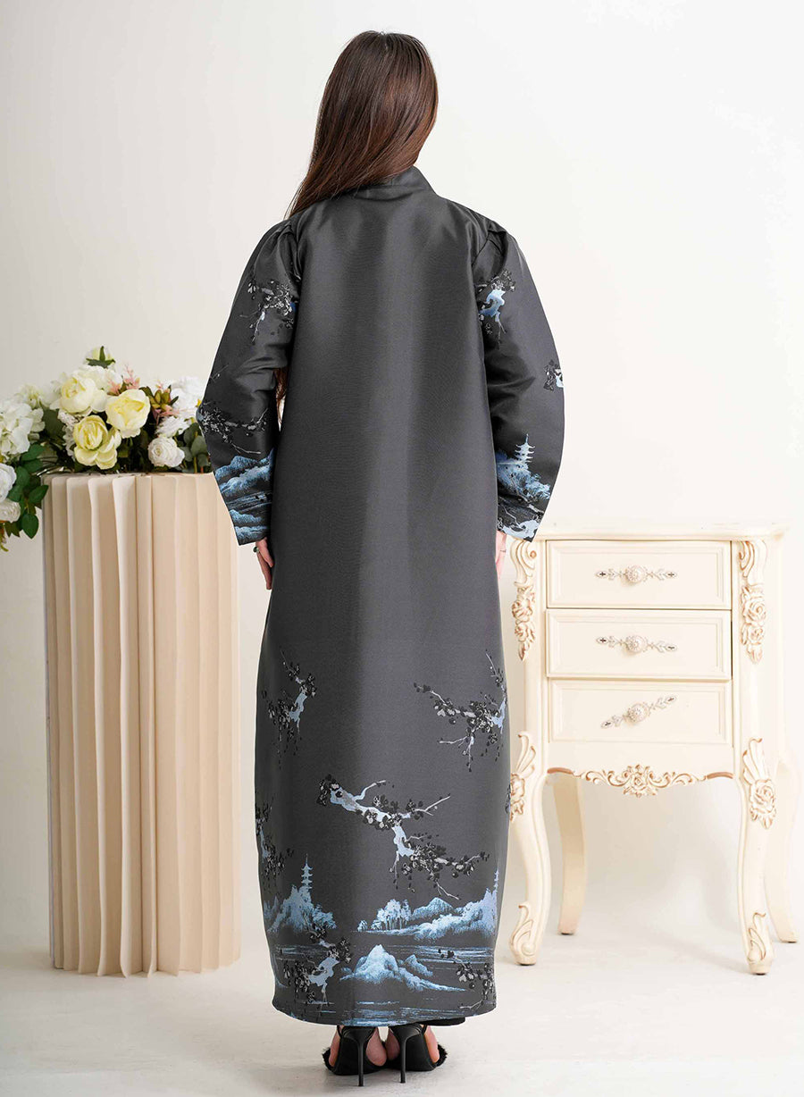 Round Neck Self-Printed Bisht Abaya with Button Embellishments | Bsi4230