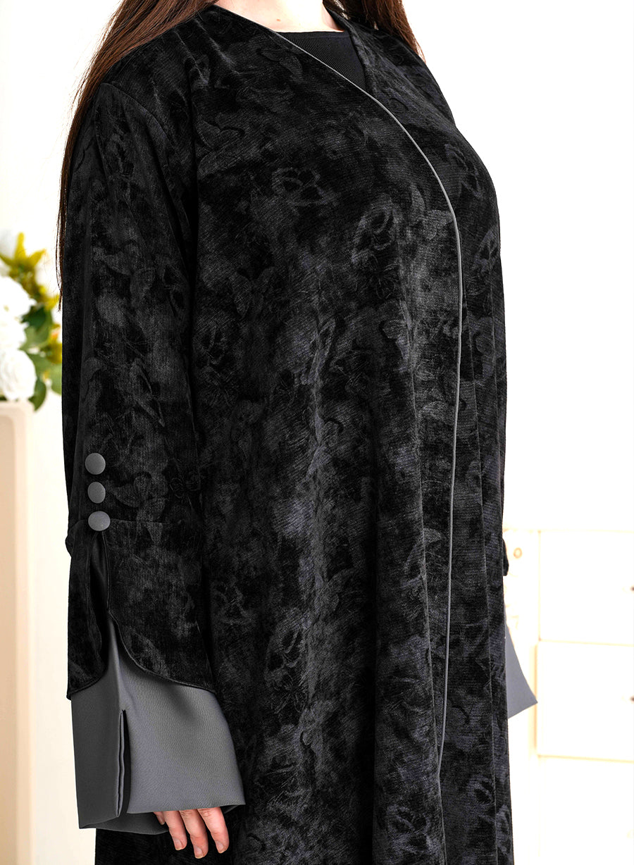 Midnight Velvet Abaya with Soft Grey Accents | Bsi4248