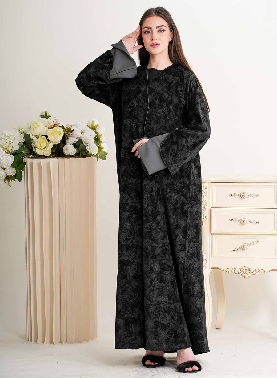 Midnight Velvet Abaya with Soft Grey Accents | Bsi4248