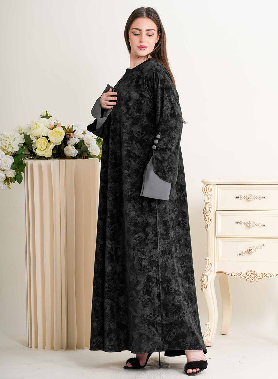 Midnight Velvet Abaya with Soft Grey Accents | Bsi4248