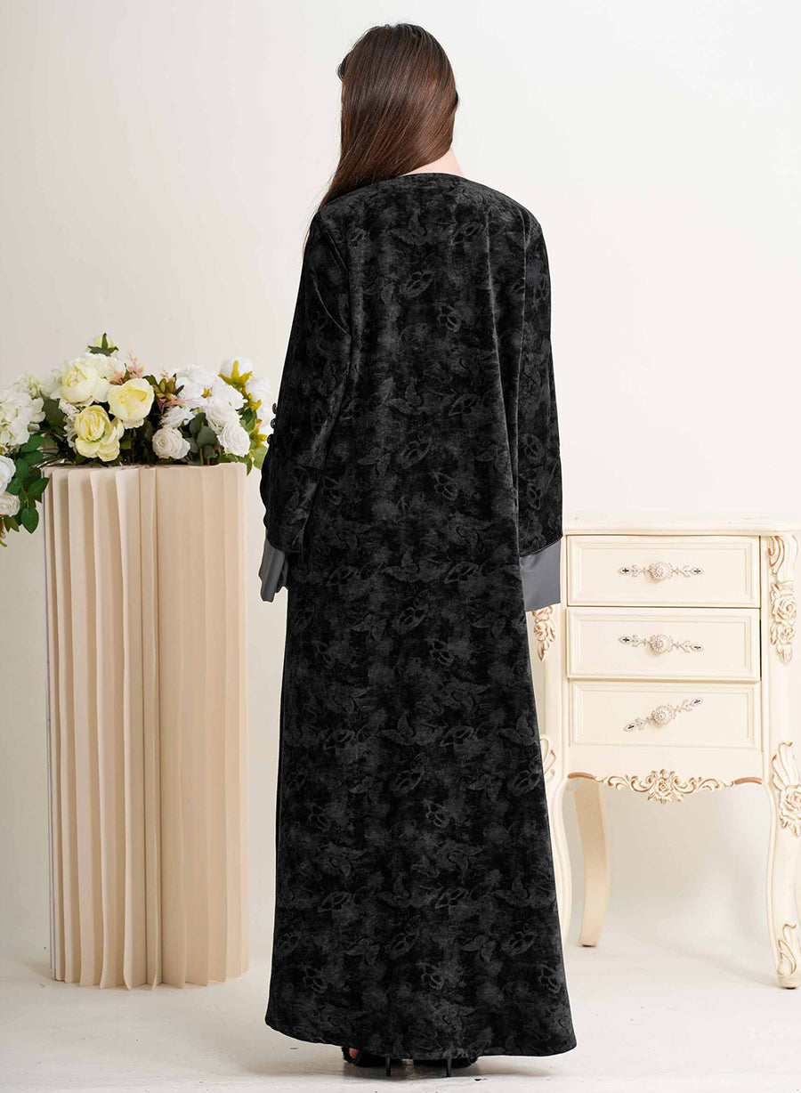 Midnight Velvet Abaya with Soft Grey Accents | Bsi4248