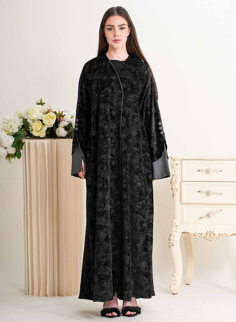 Midnight Velvet Abaya with Soft Grey Accents | Bsi4248