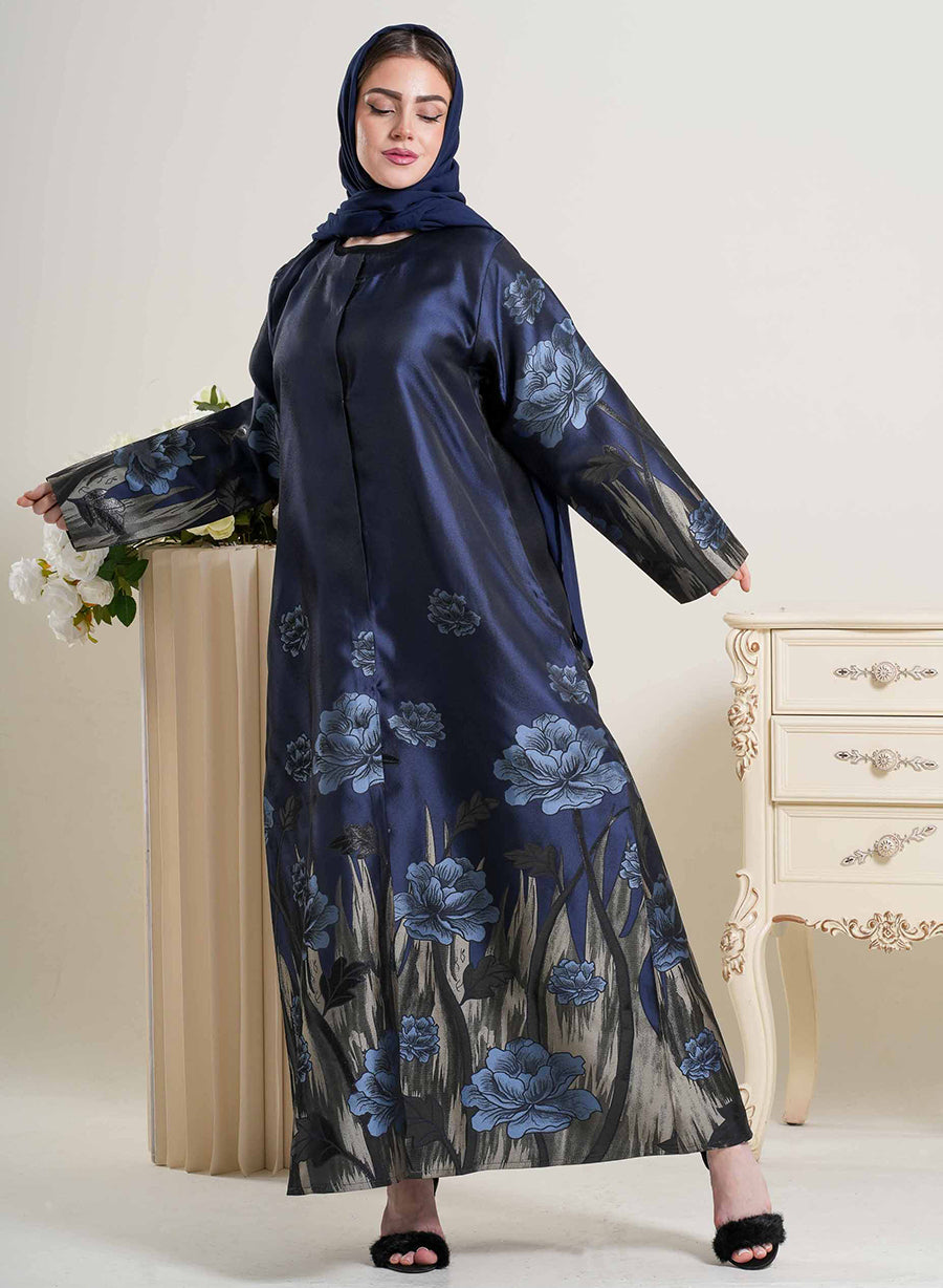 Elegant Round Neck Self Printed Abaya With Matching Headscarf | Bsi4251