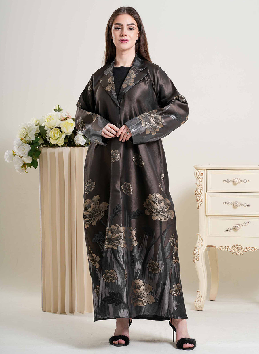 Elegant Coat Collar Self Printed Abaya With Matching Headscarf | Bsi4253
