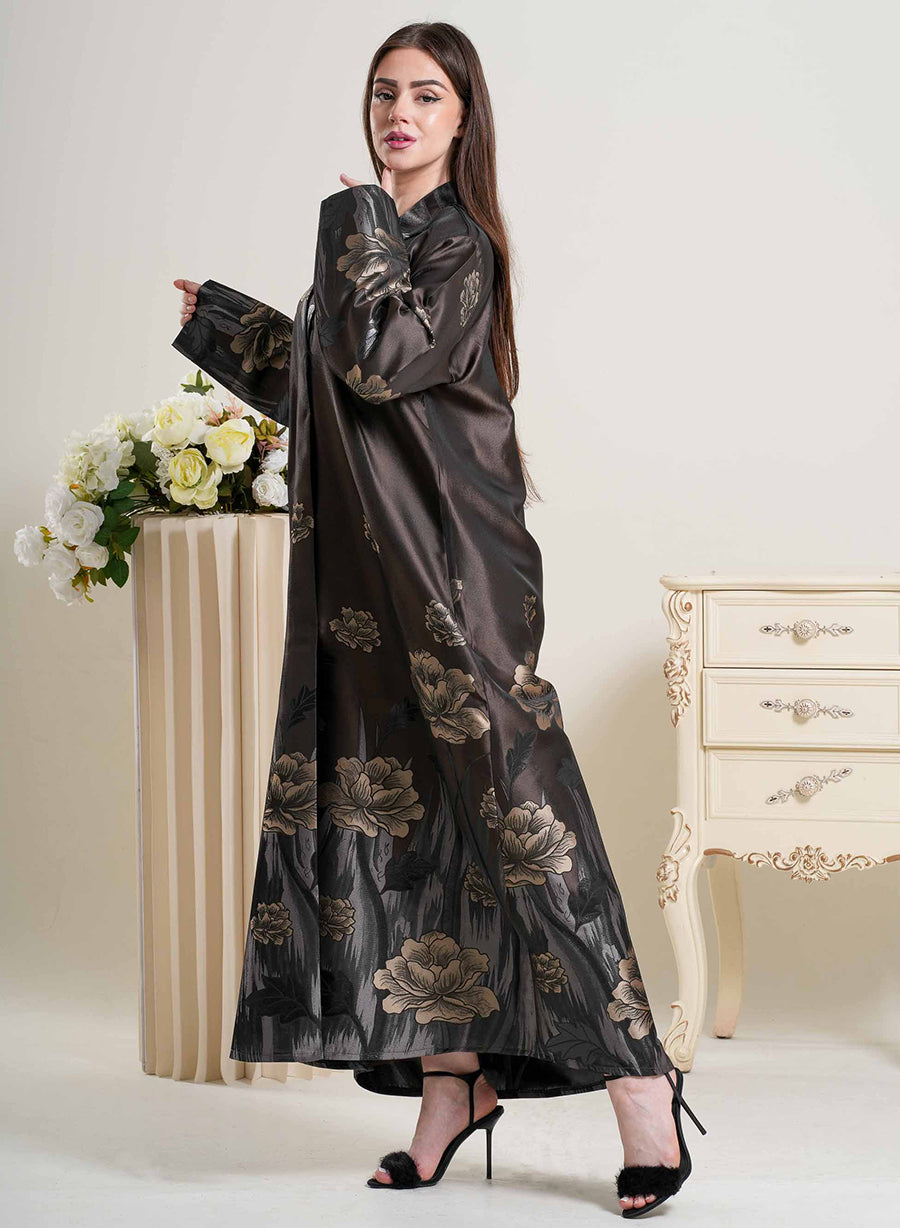 Elegant Coat Collar Self Printed Abaya With Matching Headscarf | Bsi4253
