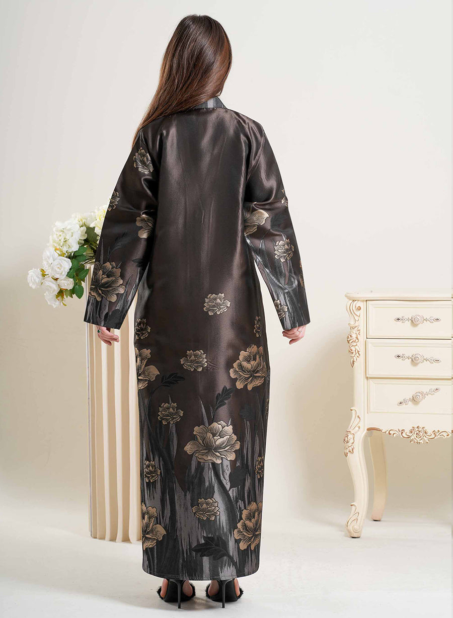 Elegant Coat Collar Self Printed Abaya With Matching Headscarf | Bsi4253