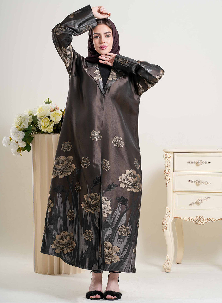 Elegant Coat Collar Self Printed Abaya With Matching Headscarf | Bsi4253