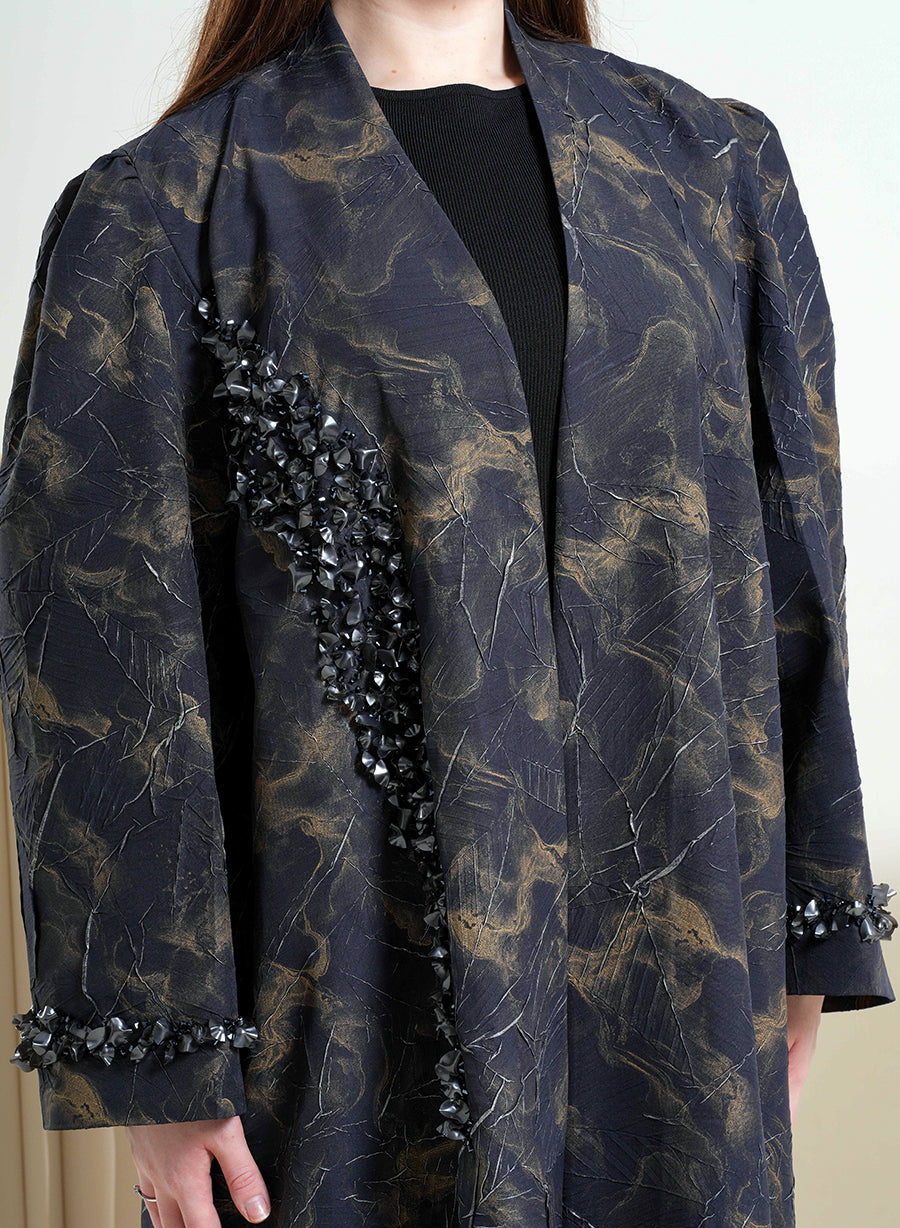 Luxury Self-Embossed Print Bisht Abaya with Tassels and Silver Highlight | Bsi4265