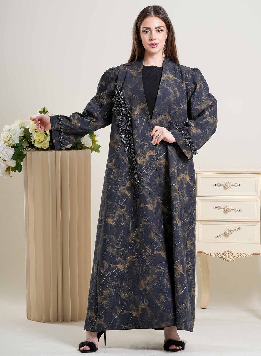 Luxury Self-Embossed Print Bisht Abaya with Tassels and Silver Highlight | Bsi4265