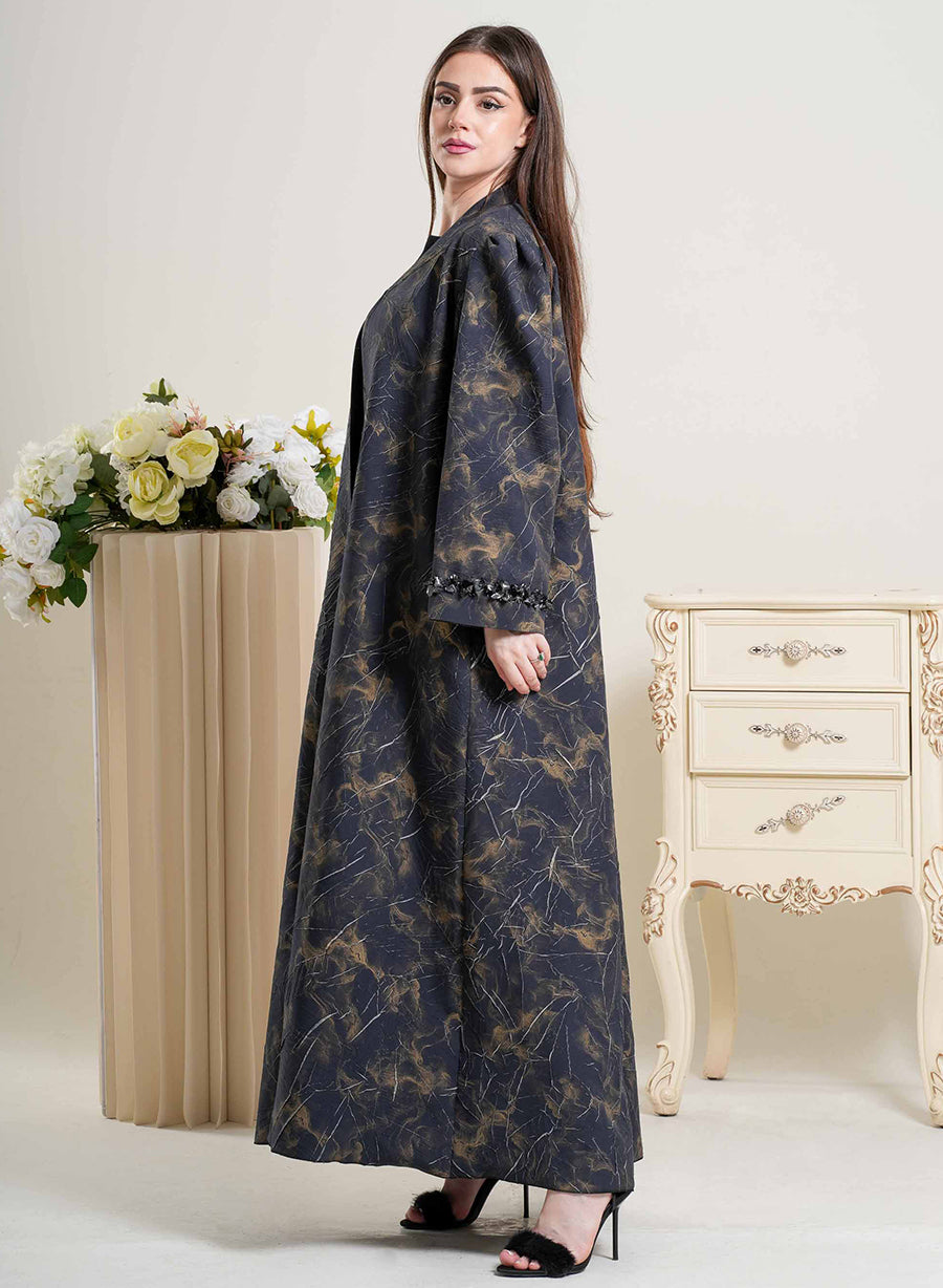 Luxury Self-Embossed Print Bisht Abaya with Tassels and Silver Highlight | Bsi4265