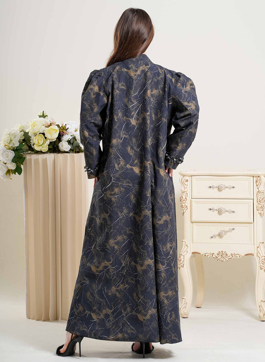 Luxury Self-Embossed Print Bisht Abaya with Tassels and Silver Highlight | Bsi4265