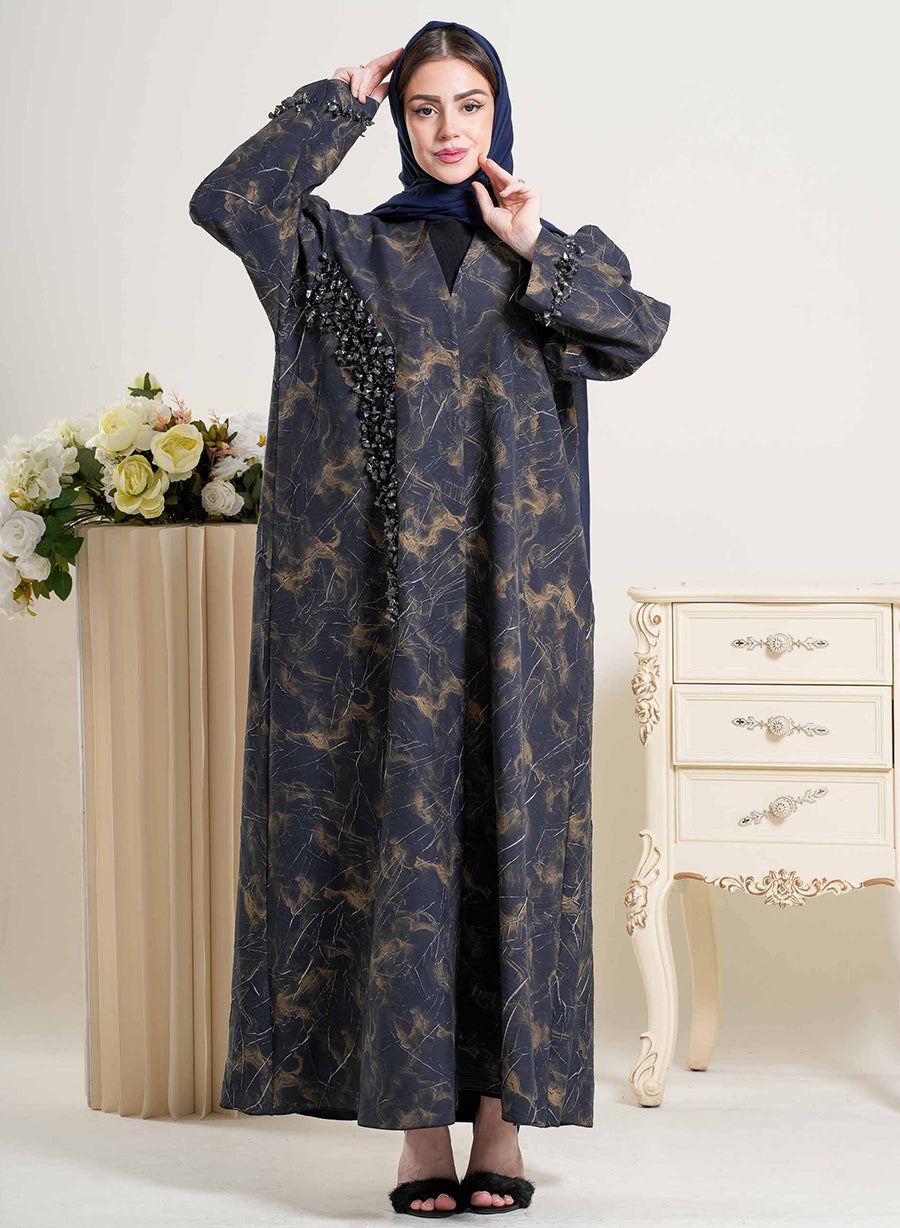 Luxury Self-Embossed Print Bisht Abaya with Tassels and Silver Highlight | Bsi4265
