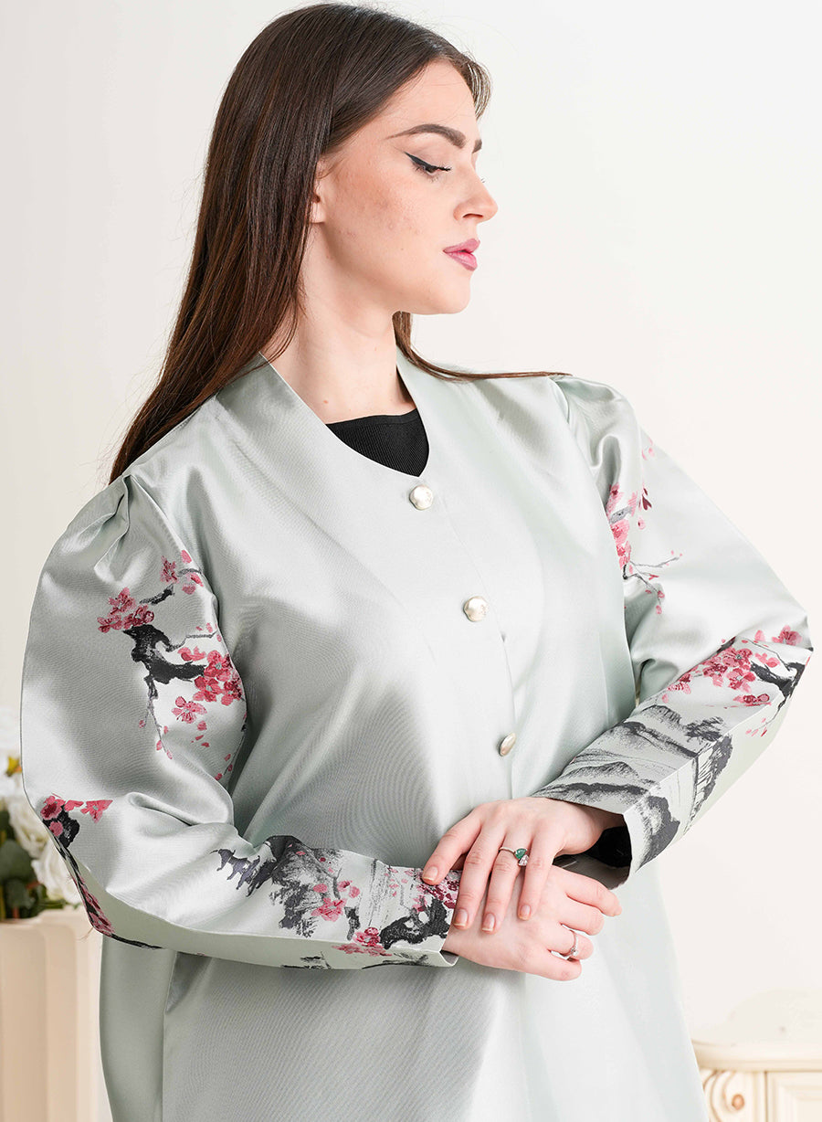 Round Neck Self-Printed Bisht Abaya with Button Embellishments | Bsi4295
