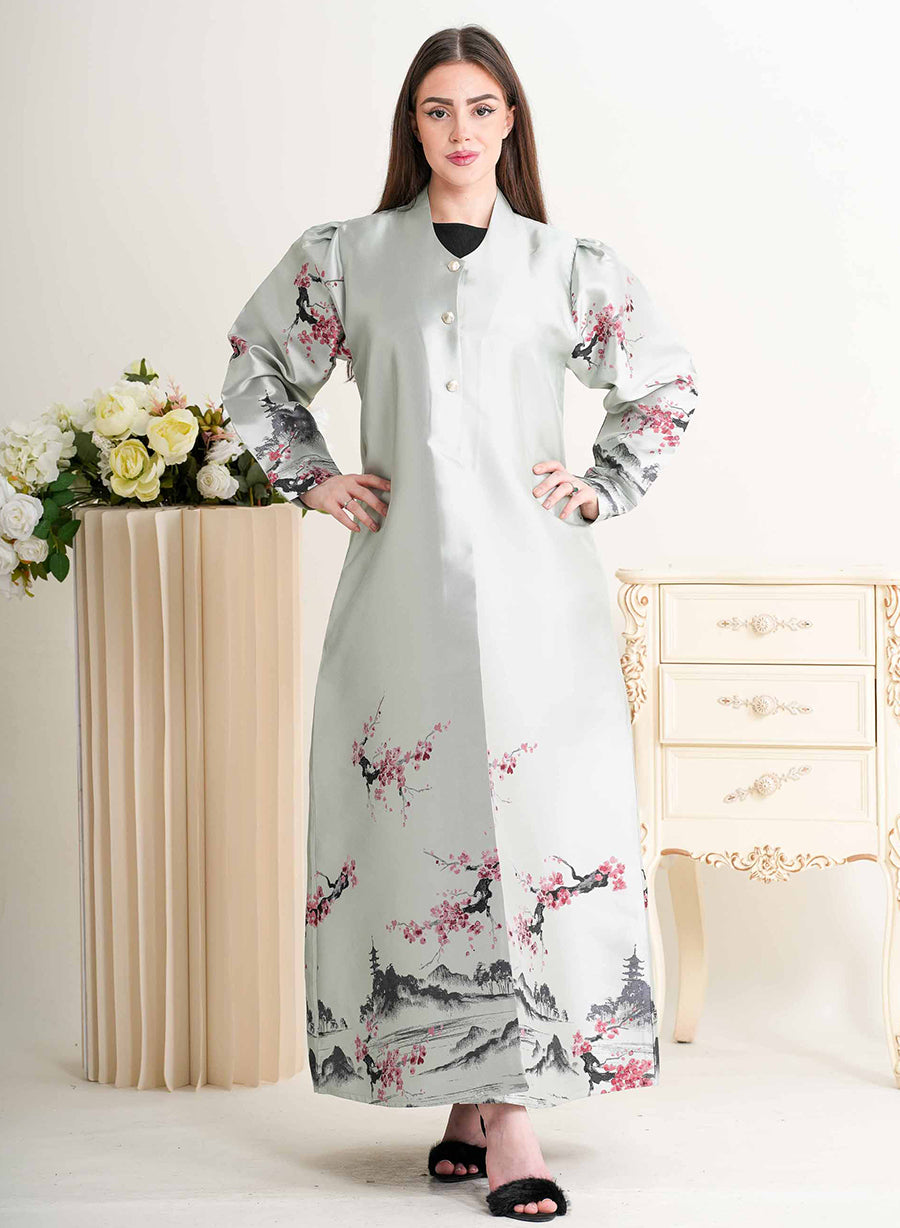 Round Neck Self-Printed Bisht Abaya with Button Embellishments | Bsi4295