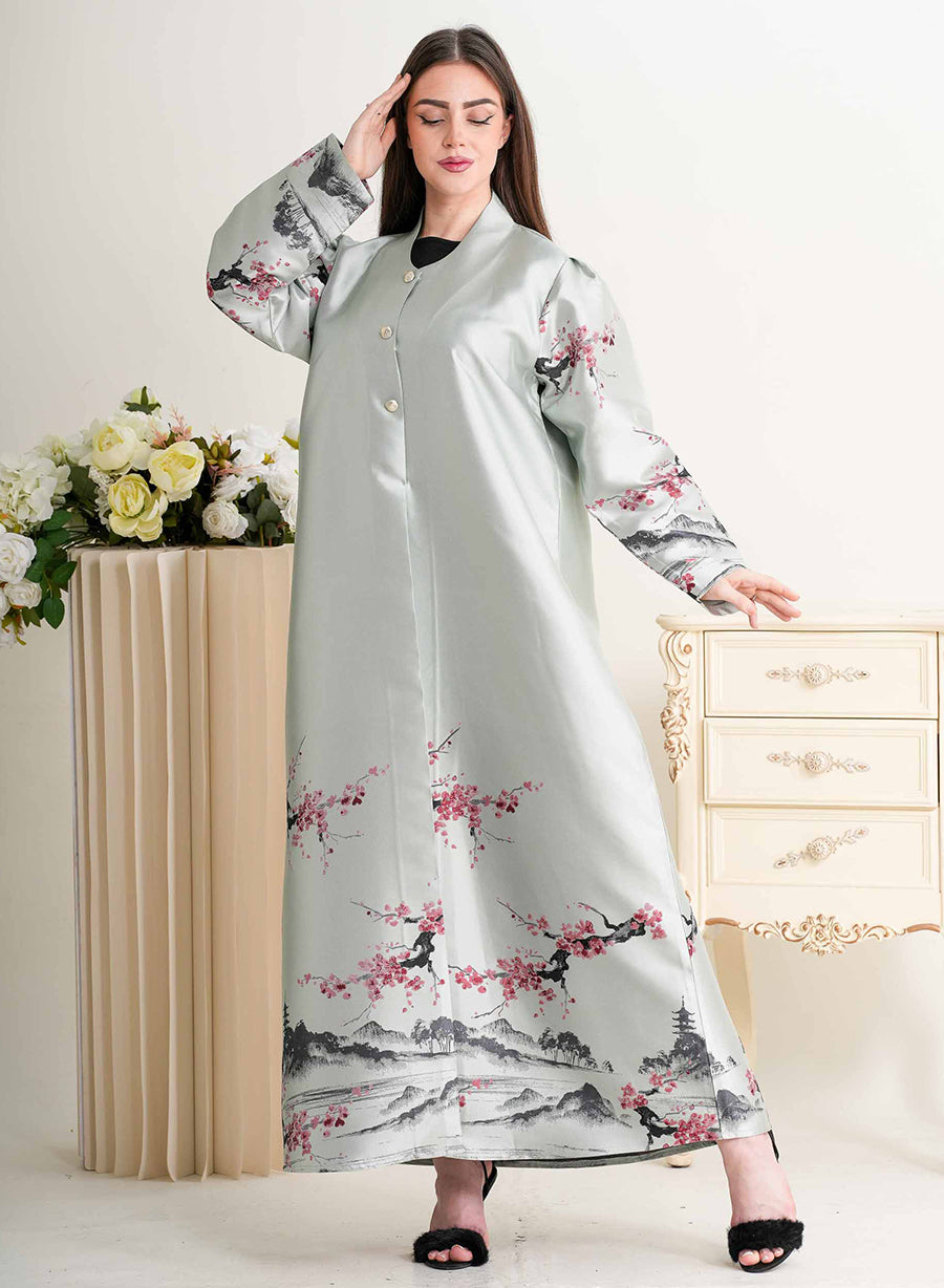 Round Neck Self-Printed Bisht Abaya with Button Embellishments | Bsi4295
