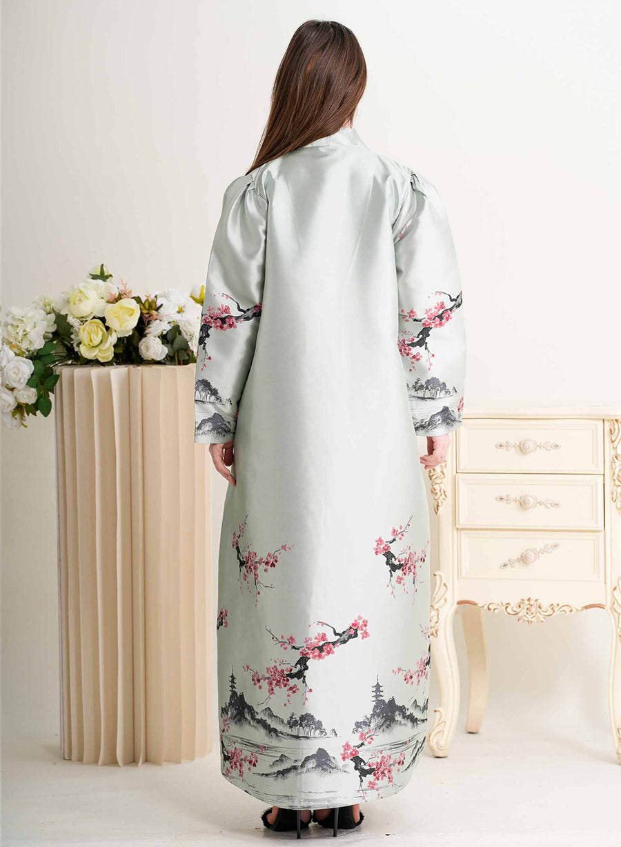 Round Neck Self-Printed Bisht Abaya with Button Embellishments | Bsi4295
