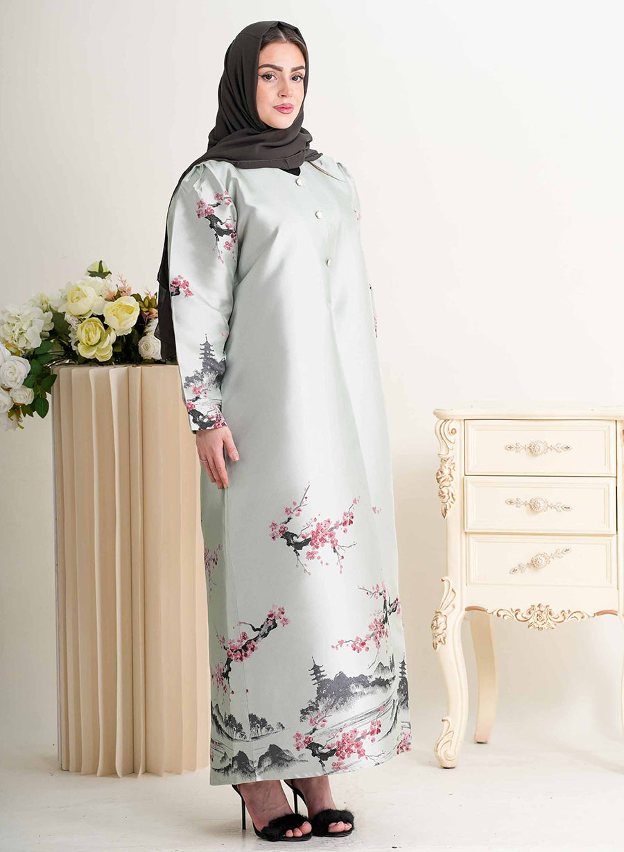 Round Neck Self-Printed Bisht Abaya with Button Embellishments | Bsi4295