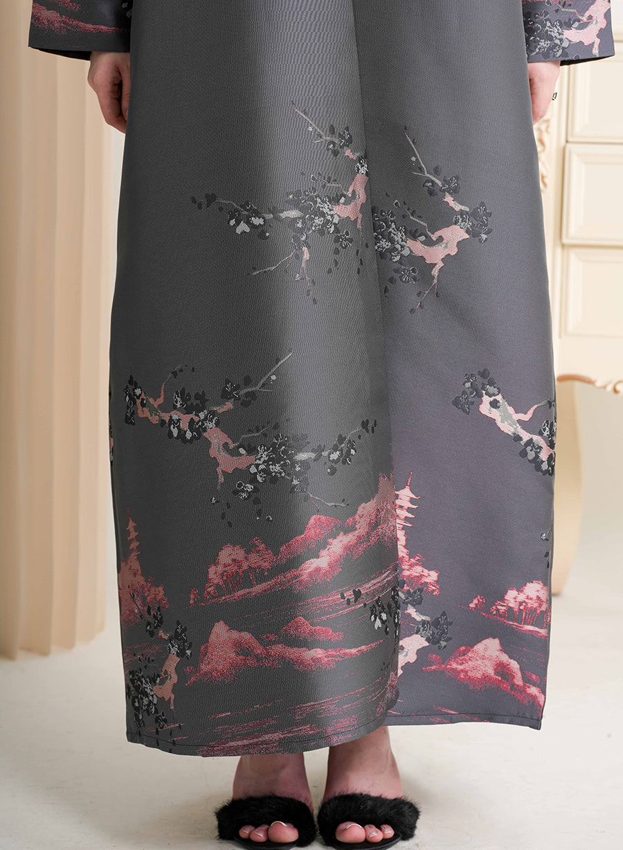 Round Neck Self-Printed Bisht Abaya with Button Embellishments | Bsi4297