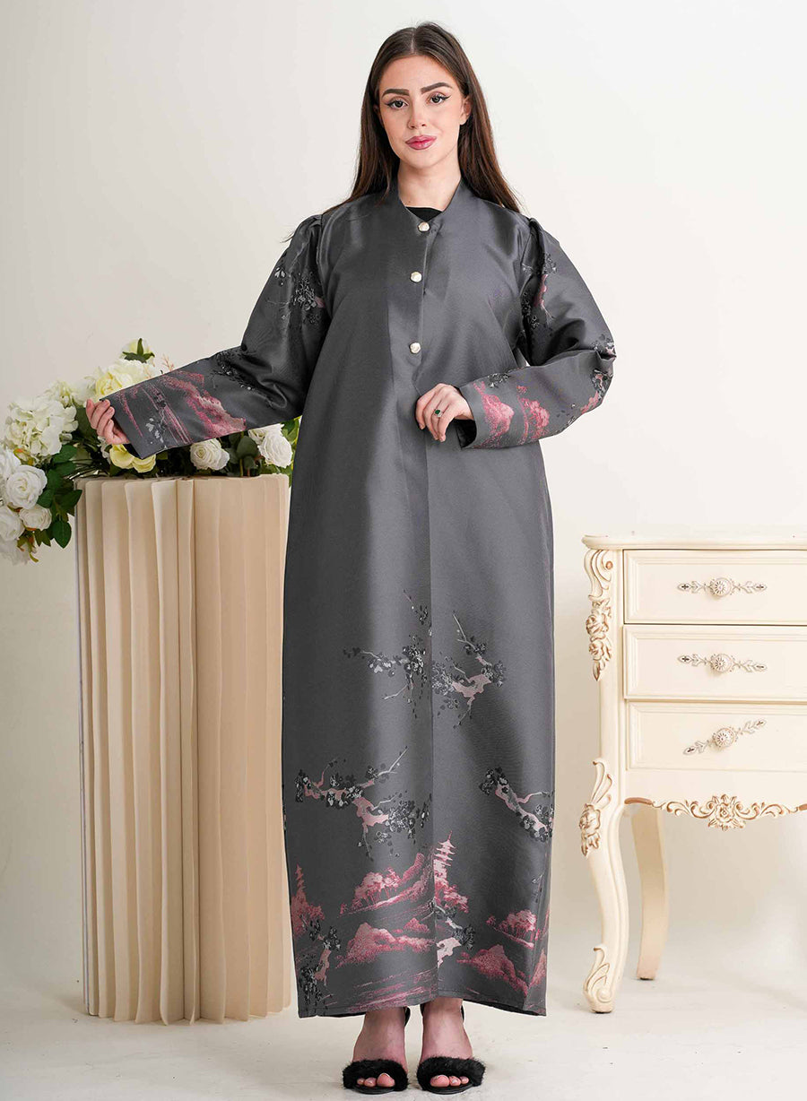 Round Neck Self-Printed Bisht Abaya with Button Embellishments | Bsi4297