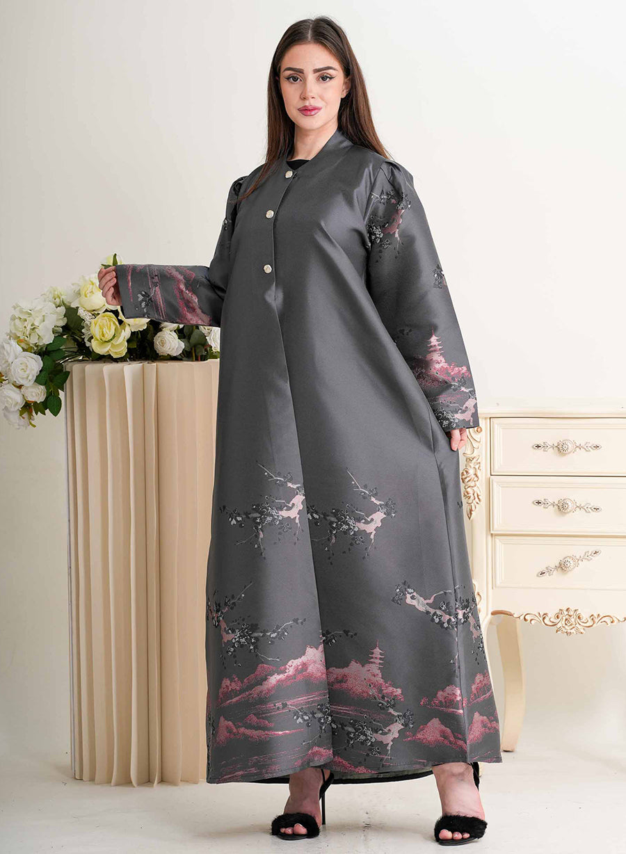 Round Neck Self-Printed Bisht Abaya with Button Embellishments | Bsi4297