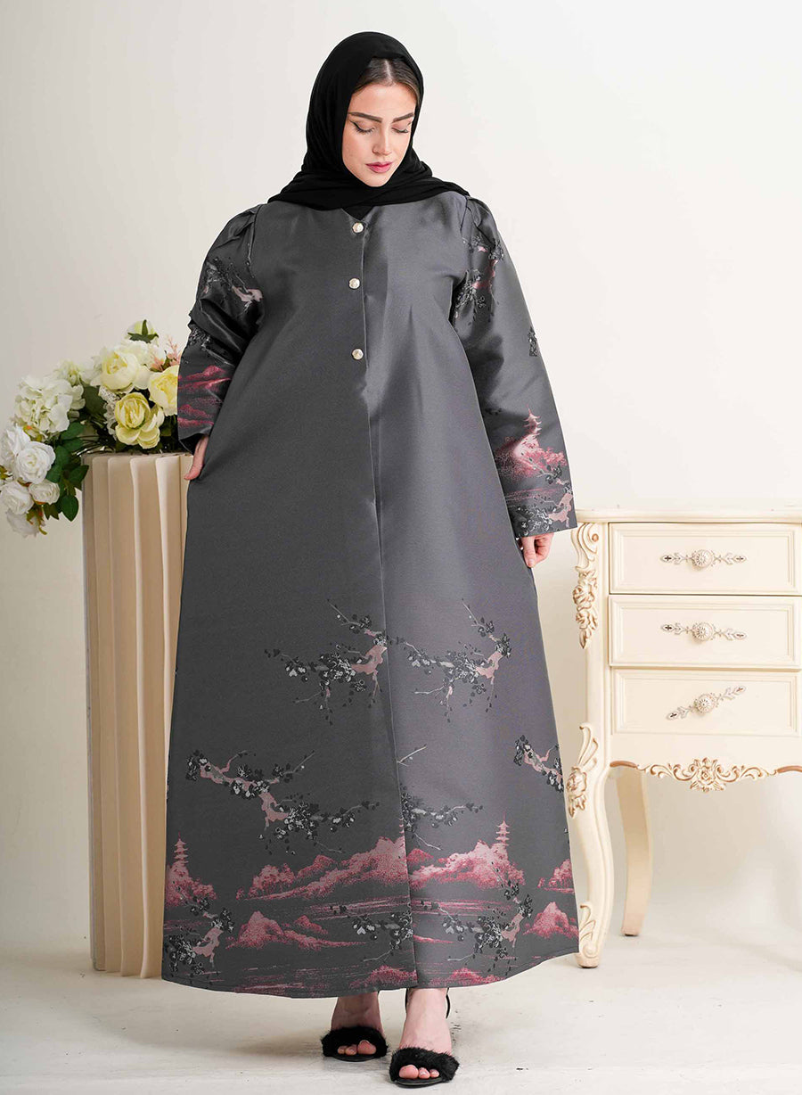 Round Neck Self-Printed Bisht Abaya with Button Embellishments | Bsi4297