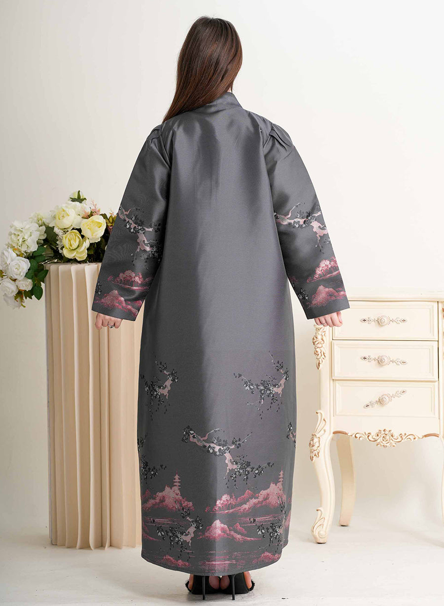 Round Neck Self-Printed Bisht Abaya with Button Embellishments | Bsi4297