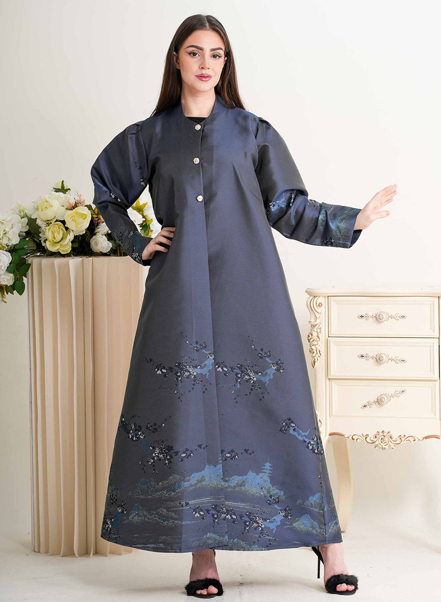 Round Neck Self-Printed Bisht Abaya with Button Embellishments | Bsi4299