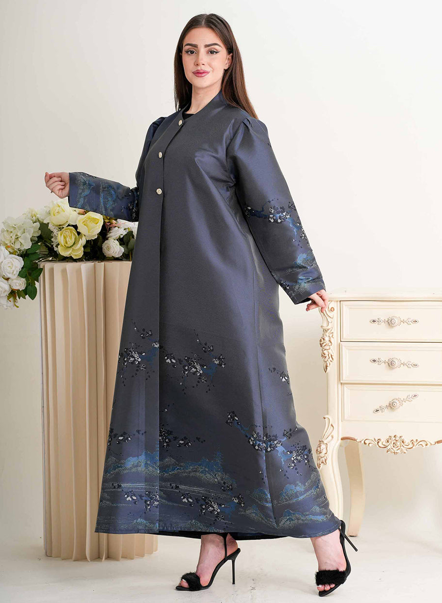 Round Neck Self-Printed Bisht Abaya with Button Embellishments | Bsi4299