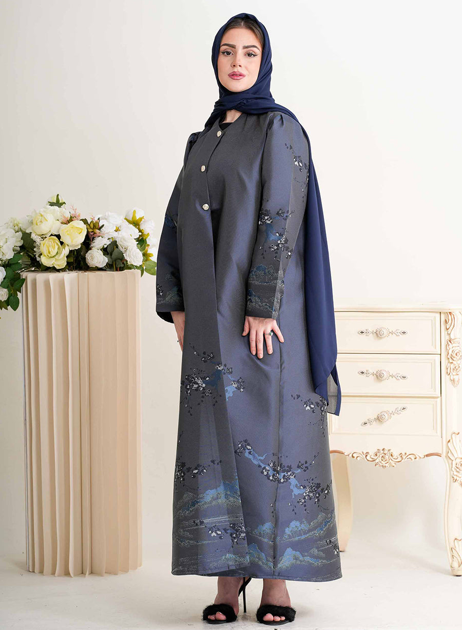 Round Neck Self-Printed Bisht Abaya with Button Embellishments | Bsi4299