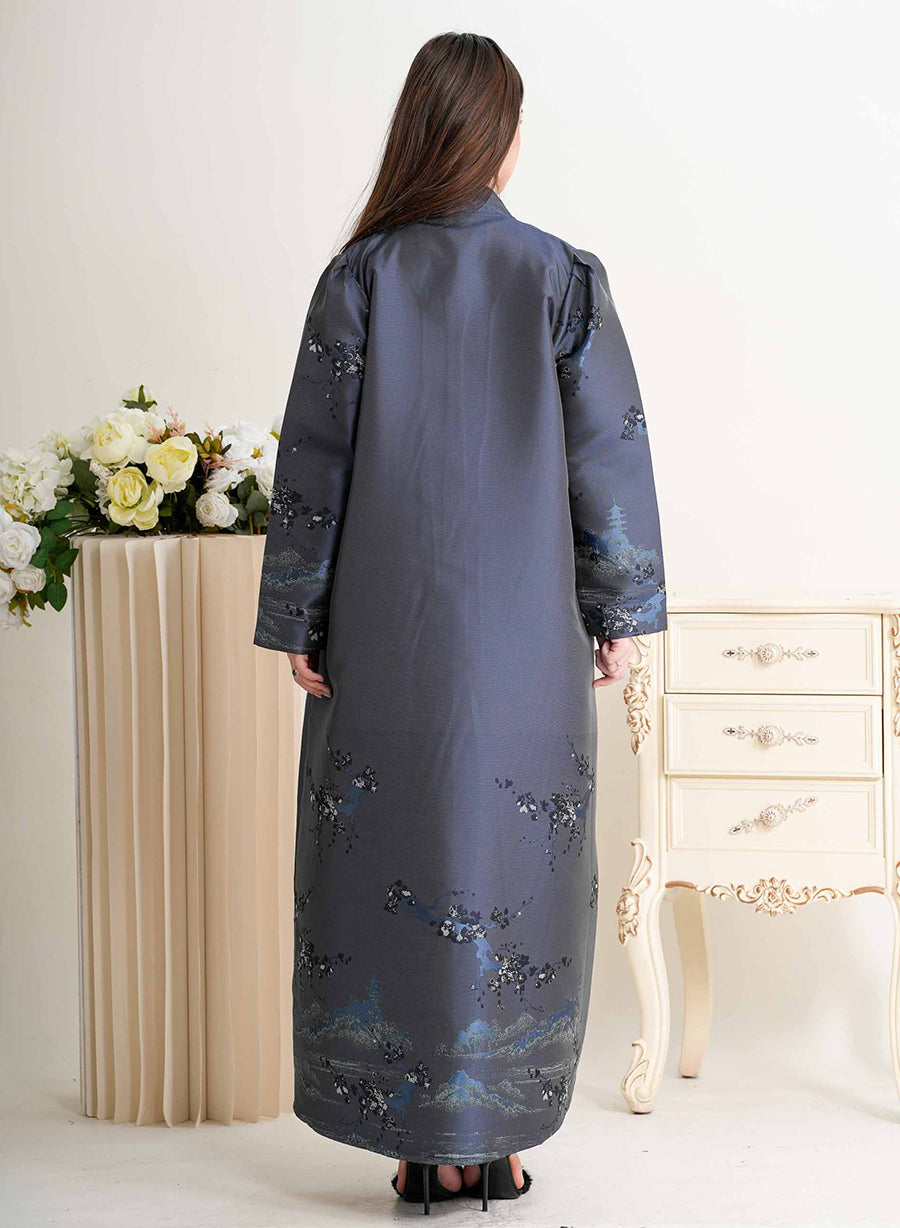 Round Neck Self-Printed Bisht Abaya with Button Embellishments | Bsi4299
