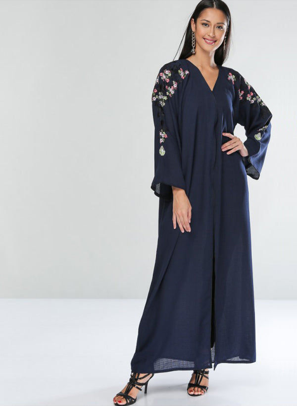 Stylish Front-Open Floral Embroidered Abaya for Women - Bsi431