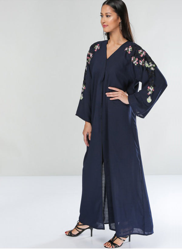Stylish Front-Open Floral Embroidered Abaya for Women - Bsi431