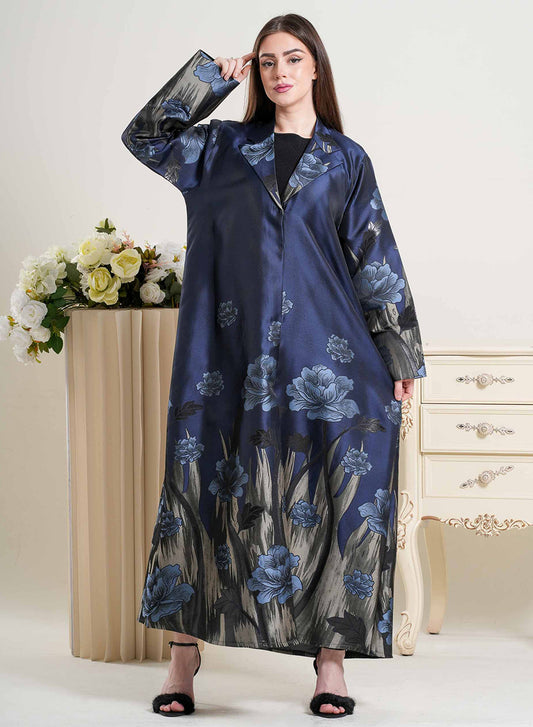Elegant Coat Collar Self Printed Abaya With Matching Headscarf | Bsi4327